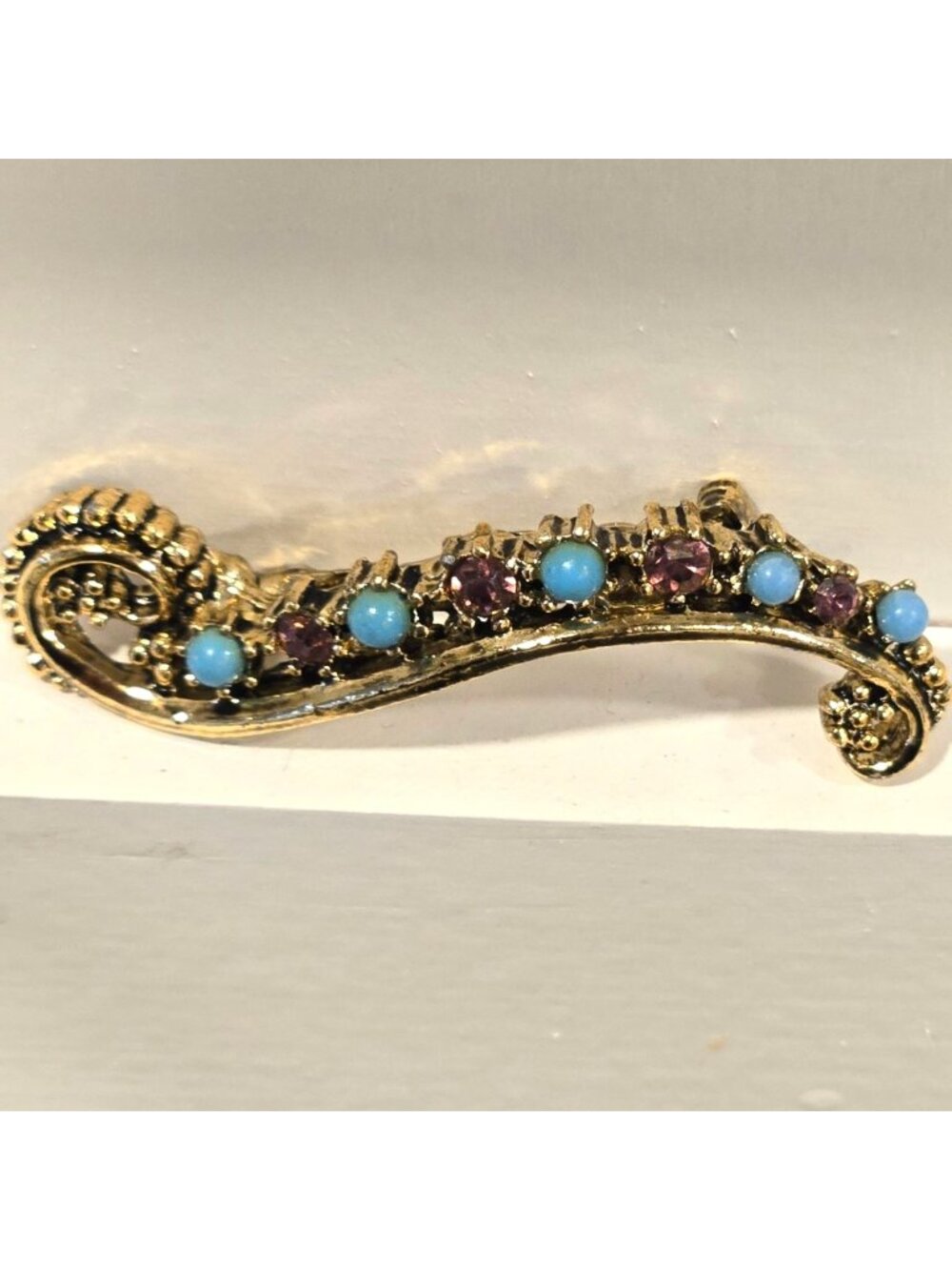 Vintage Gerrys Brooch Turquoise & Purple Rhinestones Scroll Design Elegant pin